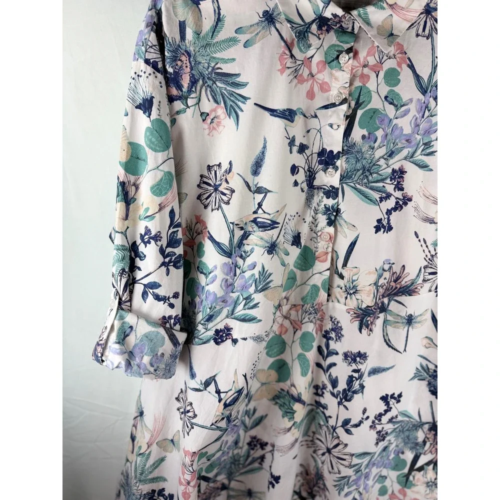 Cupio Womens XL Dragonfly‎ Butterfly Floral Print Button Up Tunic Shirt Top